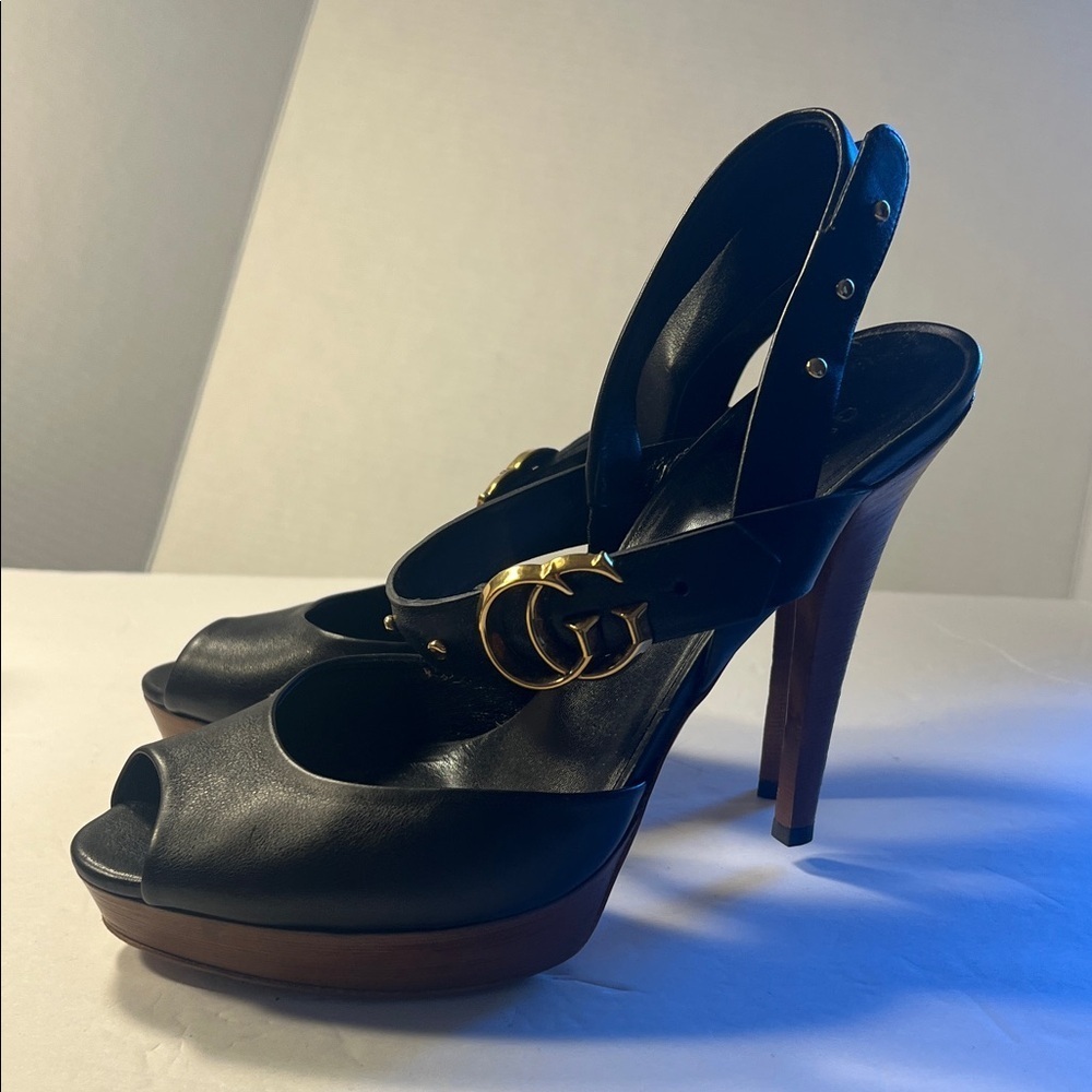 GUCCI GG Running Black Leather Platform Heels wood platform stacked heel sz 39.5 - Picture 3 of 16